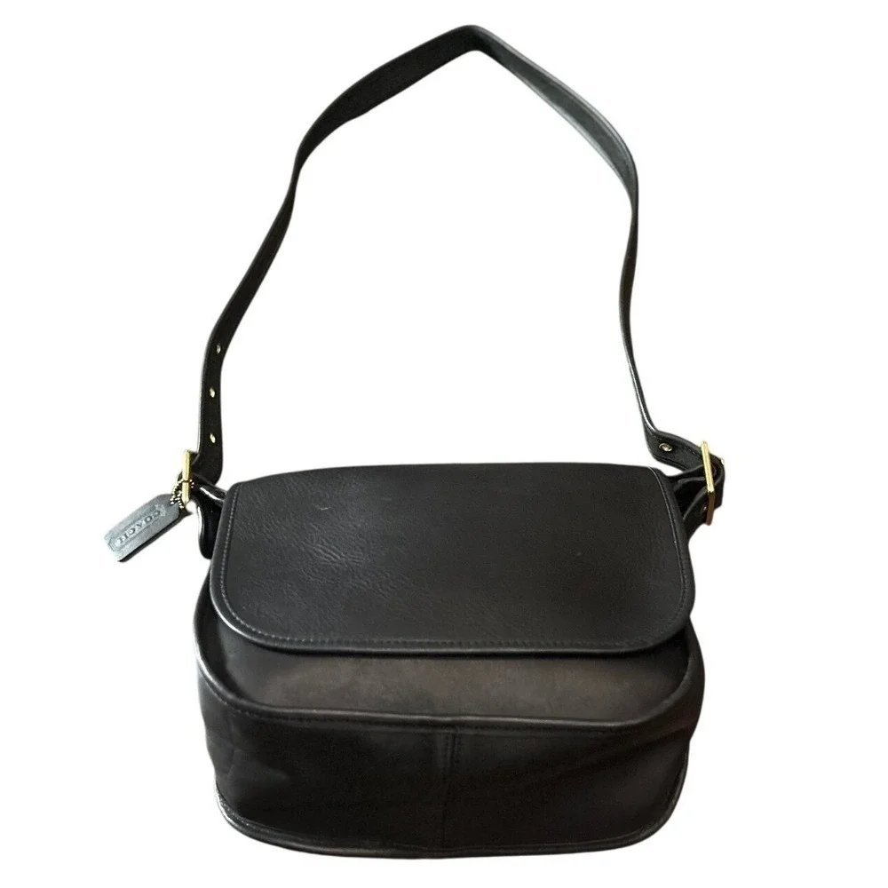 Vintage Coach Crossbody Bag Black Leather Flap Brass Classic Quiet Luxury 90s